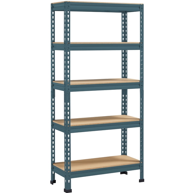Yaheetech Étagère de Rangement en Métal à 5 Niveaux en Bleu Neptune. Cette Unité d'Étagères Sans Boulons Présente un Cadre Métallique Robuste avec des Tablettes Ajustables Faites de Plaques en MDF CARB P2, Chacune Pouvant Supporter jusqu'à 330 lb. l'Étagère Mesure 27,6 Pouces de Longueur, 11,8 Pouces de Largeur et 59 Pouces de Hauteur. Elle Comprend des Coussinets en Caoutchouc Antidérapants pour la Stabilité et la protection du Plancher. Convient aux garages, Cuisines, Bureaux Ou Ateliers.