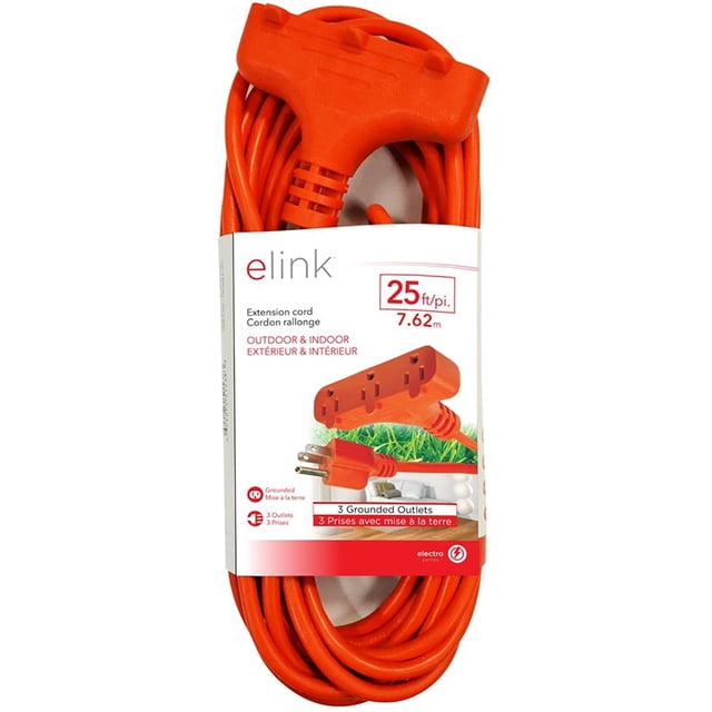 Elink Rallonge Extérieure à 3 Prises, Longueur de 25 Pieds, orange Vif avec Trois Prises de Mise à la Terre et un design durable à Calibre Polarisé 16/3. Idéale pour les Besoins d'Énergie Extérieurs, Elle Offre une Capacité de 13 Ampères et Convient à une Utilisation Extérieure et Intérieure.