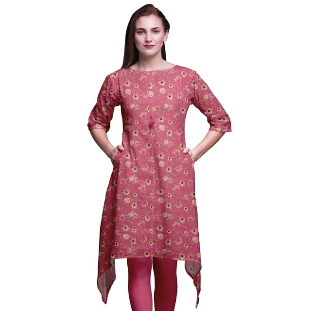 Bimba Hauts Imprimés Floraux à Feuilles Roses et Camélias en Floraison pour Femmes Kurti Asymétrique Robe d'Été pour Filles Grand