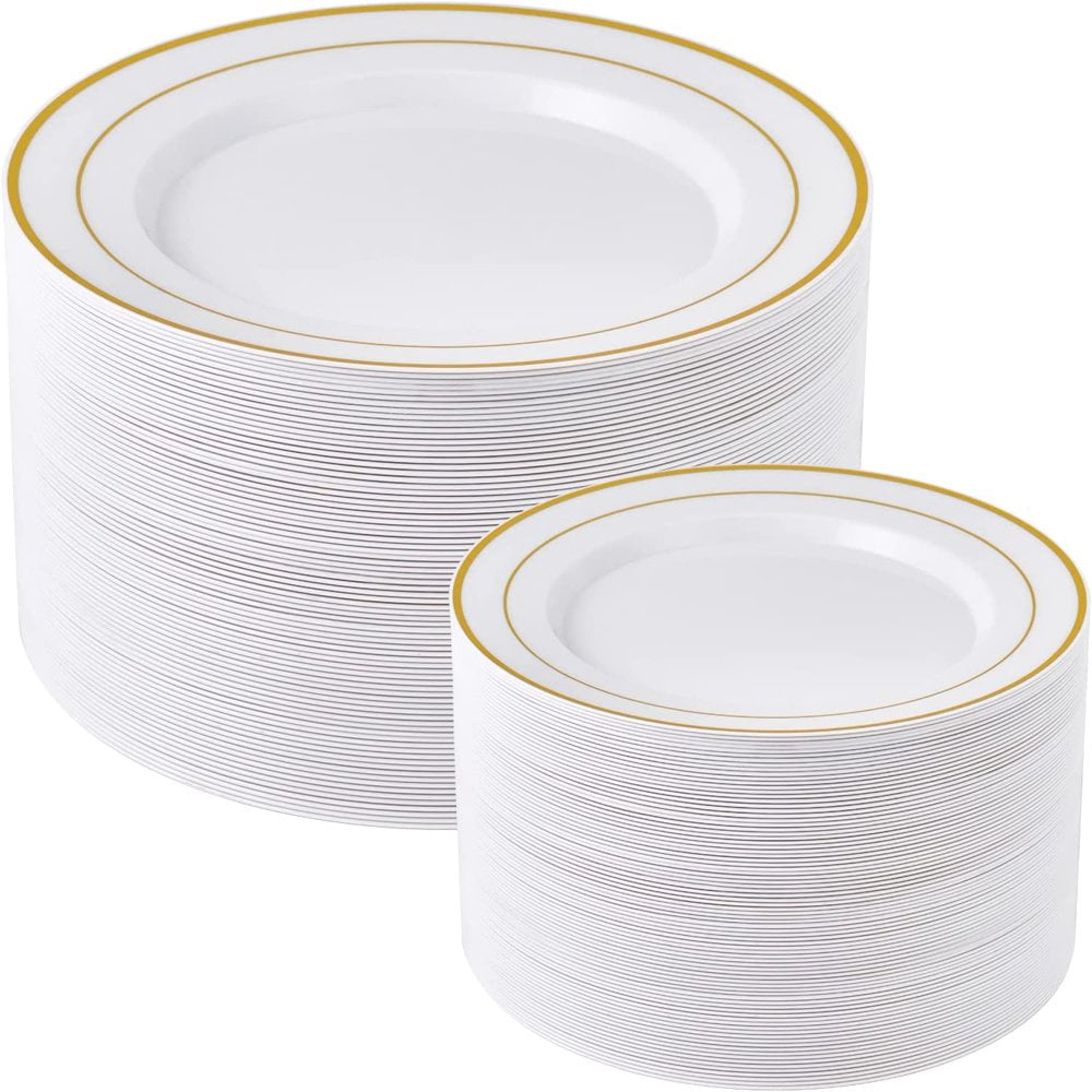Gold Plastic Plates Set of 60  Disposable Plastic Party Plates with Gold Rim 30 Dinner Plates 10” and 30 Salad Dessert Appetizer Plates 7”  Elegant Fancy Heavy Duty Wedding Party Plates