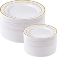 thumbnail image 1 of Gold Plastic Plates Set of 60  Disposable Plastic Party Plates with Gold Rim 30 Dinner Plates 10” and 30 Salad Dessert Appetizer Plates 7”  Elegant Fancy Heavy Duty Wedding Party Plates, 1 of 5