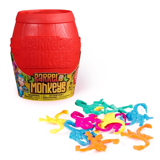 Spin Master Games, Barrel of Monkeys, classic linking family game featuring a red plastic barrel embossed with the logo and 15 colorful plastic monkeys in teal, pink, yellow, blue, and orange scattered beside it, designed for 2-10 players ages 3 and up, ideal for preschool games and family fun.