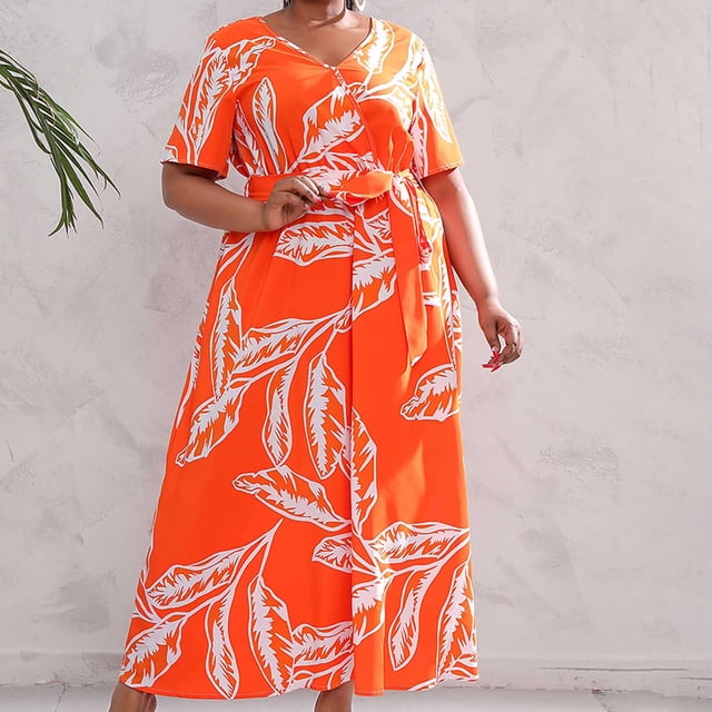 Robes Grande Taille pour Femmes Été Imprimé Robe Grande Taille Col en V Manches Courtes Taille Élastique Robe de Plage Robe de Soleil Robe Midi Fluide à Volants en Liquidation