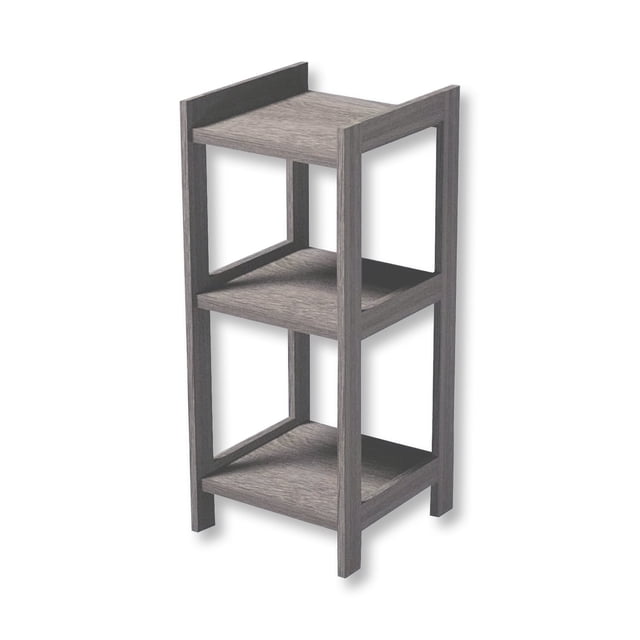 ITY International 3 Tier MDF Shelving Unit in taupe grey, measuring 13.5 inches wide, 13 inches deep, and 30.9 inches high. This compact shelving unit features three open shelves supported by a sturdy MDF frame, ideal for organizing items in living rooms or bedrooms. Easy to assemble with included hardware.