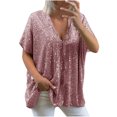thumbnail image 2 of UPPADA T-Shirts à Col en V Grande Taille pour Femmes, Chemisier à Paillettes Scintillantes Imprimé pour Dames, Manches Courtes, Col Ras du Cou, Hauts Mignons, 2 of 6
