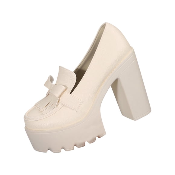 Hopeusnice Women's Leather Shoes Non-Slip Breathable Trendy Soft Pumps Shoes Thick-Soled Platform Heel PU Materials Summer And Fall Shoes Round Toe Moisture-Wicking Walking Shoes Beige 43