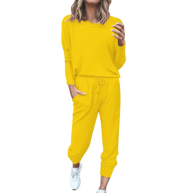 GZWYHT Sets for Women Long Sleeve Sets for Women Women Solid Color Long Sleeve Loose Long Pants 2 Set Lounge Sets for Women Track Suits for Women Set Yellow S