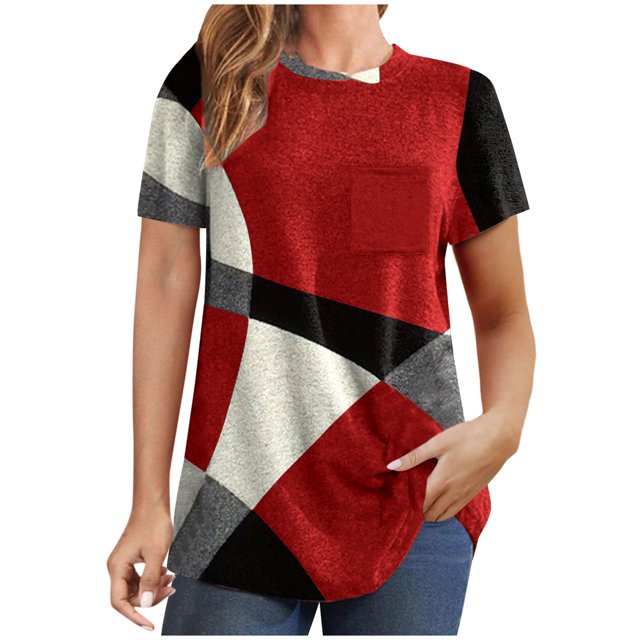 Diufon Hauts pour Femmes Grande Taille Printemps Été Manches Courtes Col Rond Chandails à Enfiler Chemises Décontractées Imprimées Blouses Amples