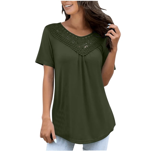 Timegard Hauts pour Femmes Grande Taille Col Rond Dentelle Manches Courtes Froncé Couleur Unie Chic Décontracté Tunique