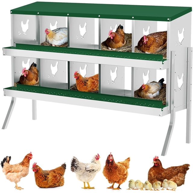 Chicken Nesting Box, 10 Compartment Metal Chicken Nesting Boxes for Chicken Coop, Easy Egg Collection, Easy Cleaning, Chicken Laying Boxes with Bracket Legs for Hens, Green