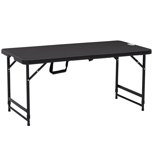 Outsunny Table à Manger d'Extérieur Pliable pour 4 avec Pattes en Acier à Hauteur Réglable. Comprend un Plateau en HDPE Gris Foncé Aspect Bois et un Cadre en Acier Noir Enduit de Poudre. la Table Se Plie de Façon Compacte avec une Poignée Latérale pour un transport et un Rangement Faciles. options de Hauteur Réglables de 22 Pouces (56 cm) et 29,1 Pouces (74 cm). Convient aux patios, Terrasses et Rassemblements Extérieurs.