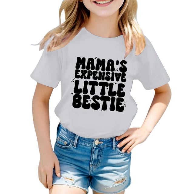 Girls Softball under Shirts Ruffle Girl Clothes Children's Casual Letter Pattern Print Multicolor Round Neck Short Sleeves