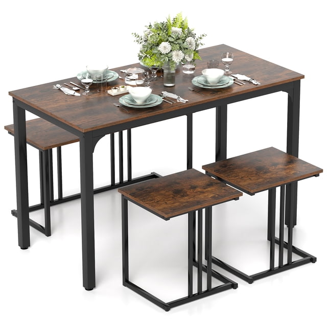 Gymax 4-Piece Dining Table Set Industrial Kitchen Table Set with a rectangular wooden table, a bench, and two stools, designed for four people. The table and seating feature a brown MDF wood finish with a black powder-coated steel frame for durability. The bench and stools can be nested under the table for space-saving storage. The set is shown in a bright, minimalistic setting with tableware and a floral centerpiece.