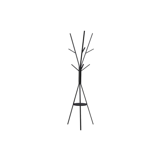 Monarch Specialties coat rack 72 inches tall, free-standing black metal hall tree with six hooks on branch-like arms and a round black MDF shelf supported by a triangular base, featuring a space-saving design ideal for modern entryways or bedrooms.