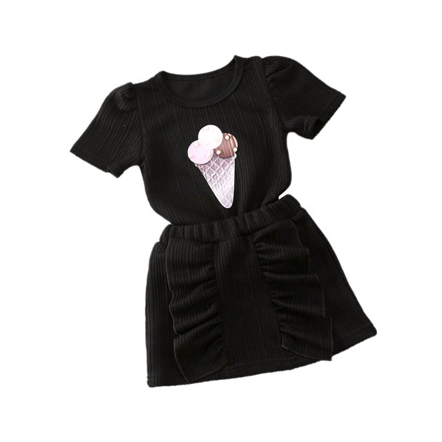 Tenue pour Bébé Fille Motif Crème Glacée Manches Courtes Classique Col Rond Haut + Jupe à Volants Bande Élastique Courte