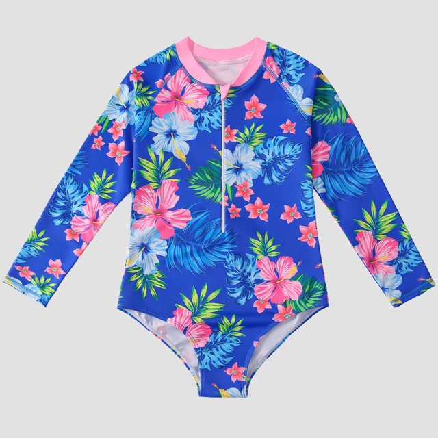Pisexur Kids Toddler Baby Girl Rash Guard Long Sleeve Ruffle Floral Print Surfing Swimsuit Zipper One Piece Bathing Suit