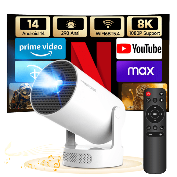 Magcubic Mini Projector, 8K Support with WiFi 6 & BT 5.4, 290 ANSI Brightness with 5w Soundbase Speaker, Auto Vertical Correction, 180°Rotatable Portable for Home & Outdoor Movies HY300Pro+