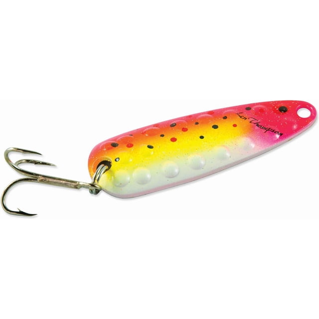 Len Thompson Leurre de Pêche - 11 SS - Dimpled Series Sun Ensemble (Rose, Citron, Blanc) – 1/2 Oz, une Cuillère-Leurre en Métal Bosselé à Fini Dégradé du Rose au Jaune Citron au Blanc, avec des Taches Noires et Rouges, Équipé d'Un Hameçon Triple en Acier Inoxydable Résistant à la Rouille et d'Un Anneau Fendu, Conçu pour le Lancer, la Traîne et le jigging pour Cibler le Brochet du Nord, le Doré et la Truite dans les Eaux Canadiennes.