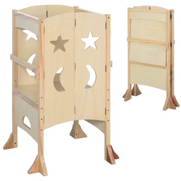 Qaba Tour Pliante pour Tout-Petit, Marchepied d'Aide à la Cuisine avec Poignées de Soutien, Barre de Sécurité et Bandes Antidérapantes, pour Enfants Salle de Bain Salle à Manger Apprentissage, Naturel