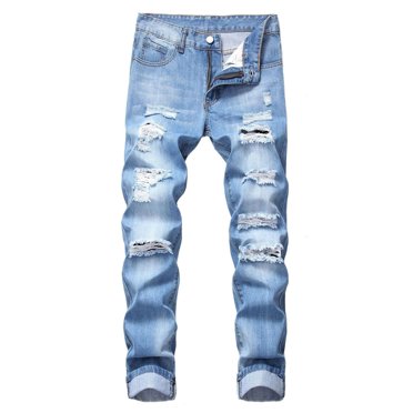 FYEGRE Straight Leg Jeans for Men Men's Stretch Slim Fit Ripped Distressed Straight Leg Denim Pants with Motorcycle Style for Comfortable Daily Wear Blue 40