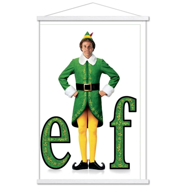 Elf - Affiche Murale d'Une Feuille, 22,375 Po x 34 Po Mettant en Vedette une Figurine Centrée dans un Manteau Elf Vert avec Col et Poignets en Fourrure Blanche, Ceinture Noire avec Boucle Dorée, Collants Jaunes, Chaussures Noires Frisées, et un Chapeau Vert et Jaune avec Plume Rouge, Debout entre de Grandes Lettres Décoratives Vertes « e » et « f » sur Fond Blanc, Idéal pour une Oeuvre Murale festive dans les Chambres Ou les Bureaux.