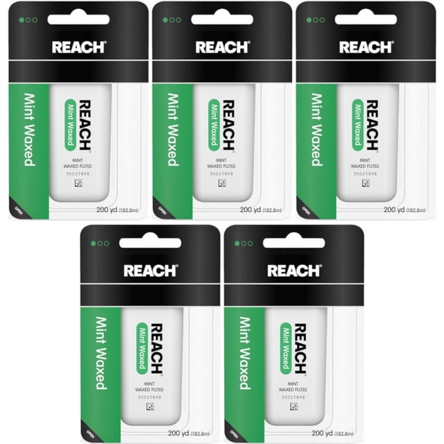 Lot de 5 Fils Dentaires Cirés Reach Menthe, Chacun Contenant 200 yards de Fil. le Fil Est Ciré pour Glisser Facilement entre les Dents et Présente une Saveur Menthe Rafraîchissante. l'Emballage Met en Valeur la Marque Reach et les Détails du Produit, avec un design Vert et Noir.