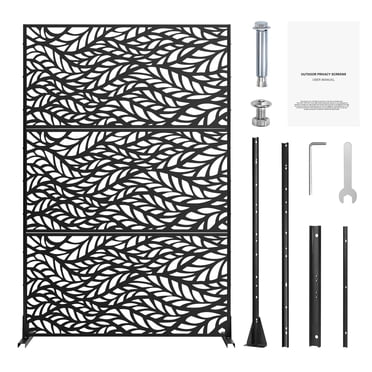 KFFKFF Metal Privacy Screen, 47" W x 72" H, Outdoor Privacy Screens & Panels, Freestanding Outdoor Divider with Stand, 3-Panel Decorative Garden Steel Privacy Fence