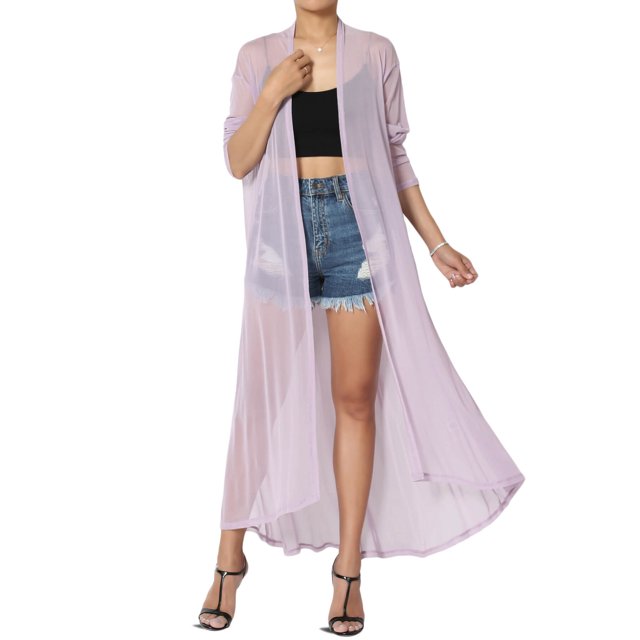 TheMogan Cardigan Ouvert à Manches Longues en Maille pour Femmes Mi-Mollet Caftan Transparent
