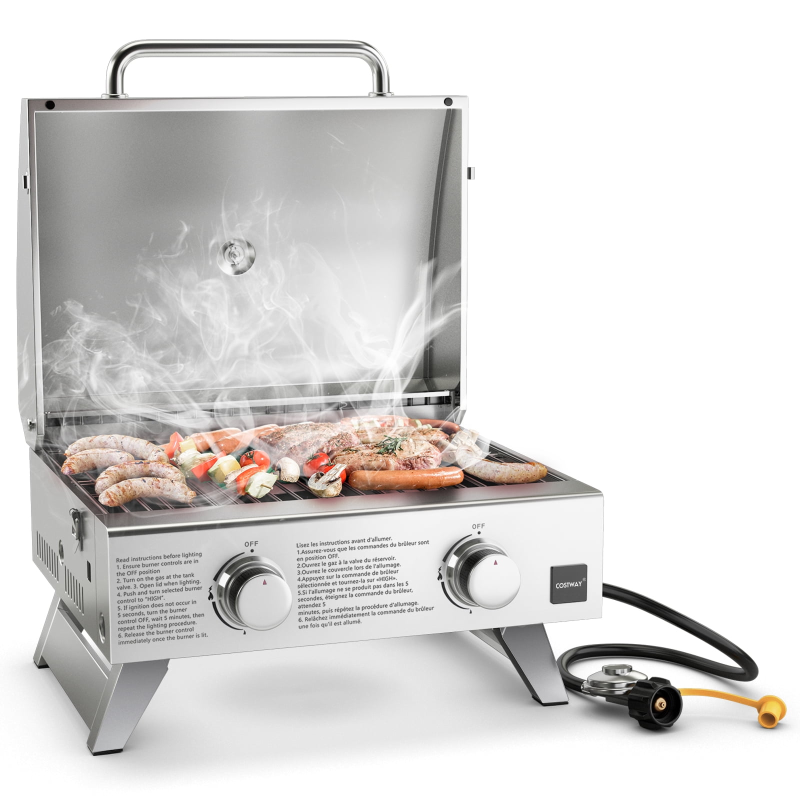 Patiojoy 20,000 BTU BTU Portable Gas Grill 2-Burner Stainless Steel Propane Grill w/ Lid & Handle Top Thermometer & Extra Flame Rod