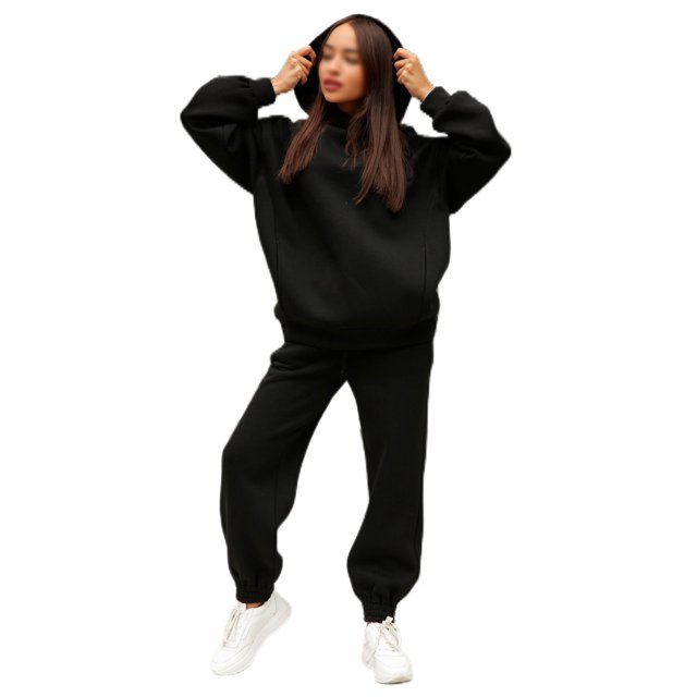 Innerwin Jogger Set Long Sleeve Ladies Sweatsuits Autumn Plain Loose Fit Two Piece Outfit Black XL