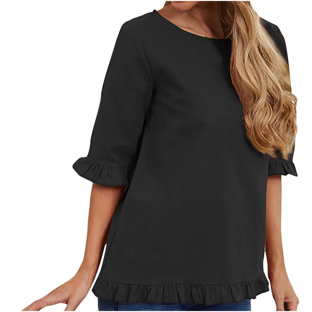 Hauts en Coton et Lin d'Été pour Femmes Manches à Volants Col Rond Couleur Unie Chemises Blouses Décontractées Confortables Basiques