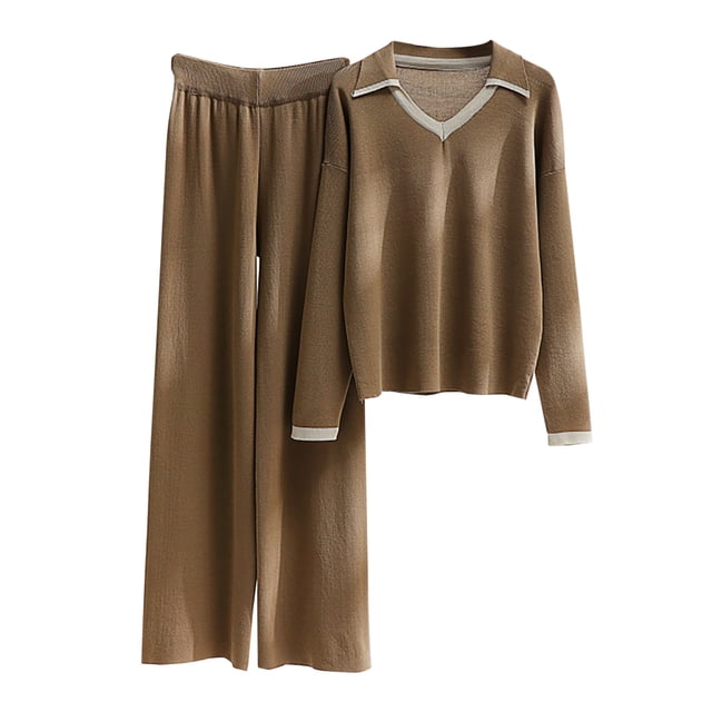 Yuyuzo Womens Ribble Knit Fall 2 Piece Sets Long Sleeve Lapel V Neck Shirts with Straight Leg High Waisted Pants