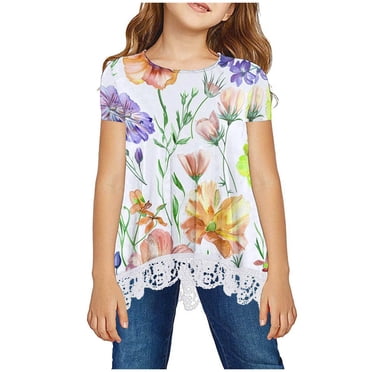 LSLJS Chemise Fille Col Ras du Cou Superposée Imprimée Manches Courtes Mignonne Blouse Enfant T-Shirt en Dentelle Haut, Chemises Fille Vêtements d'Été