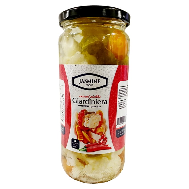 Jasmine Mixed Pickles Giardiniera Hot 500g in a clear glass jar with black lid, containing mixed pickled vegetables including cauliflower, carrots, and hot peppers in brine, ideal as a spicy condiment or side dish for meals, stored in a cool dry place.