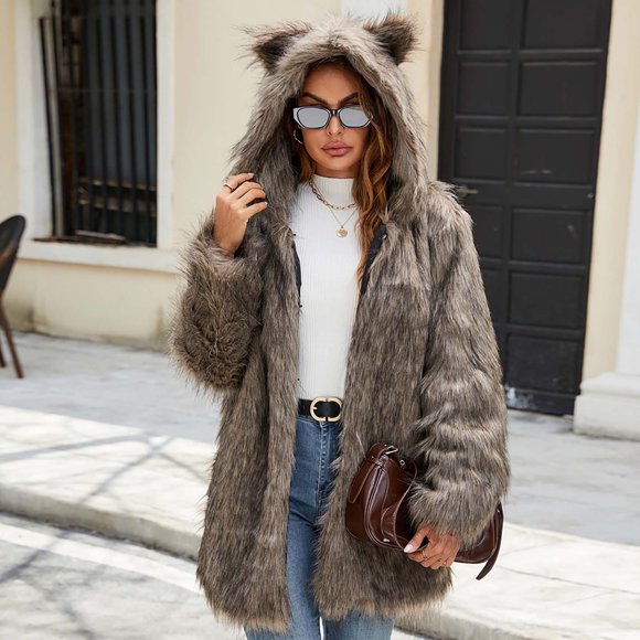 Meichang Faux Fur Jacket for Women with Ear Hooded Open Front Cardigan Fleece Coat Winter Warm Thick Long Sleeve Shaggy Furry Outerwear Brown M