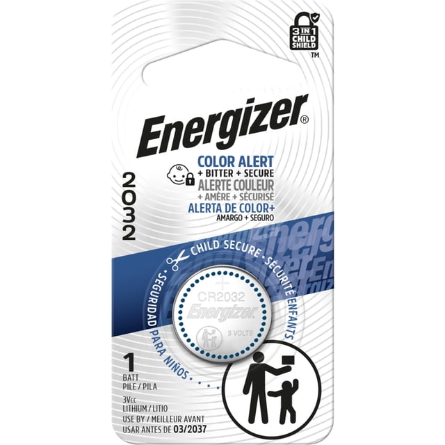 Energizer 2032 Batteries (1 Pack), 3V lithium coin battery with child-resistant packaging featuring color alert and bitter coating for safety, marked CR2032 and 3 volts, designed to prevent ingestion by children, use by 03/2037.