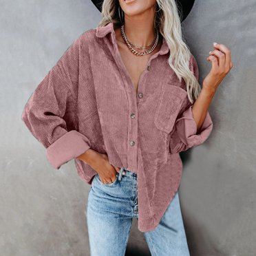 Womens Corduroy Button Down Shirts Boyfriend Long Sleeve Oversized Blouses Tops