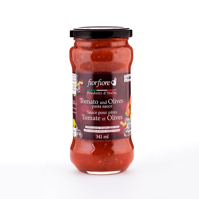 Fiorfiore Tomato and Olive Pasta Sauce 341ML in a clear glass jar with black lid, showing red tomato sauce with olive pieces, labeled in English and French, made with extra virgin olive oil from Italy, ideal for pasta and flavouring entrees or side dishes.