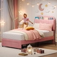 thumbnail image 2 of Eastvita Girls' Twin Bed Frame with Drawer Velvet Upholstered Platform Bed Frame with Storage Headboard for/No Box Spring Needed/Easy Assembly/Noise-Free/Light Pink, 2 of 6