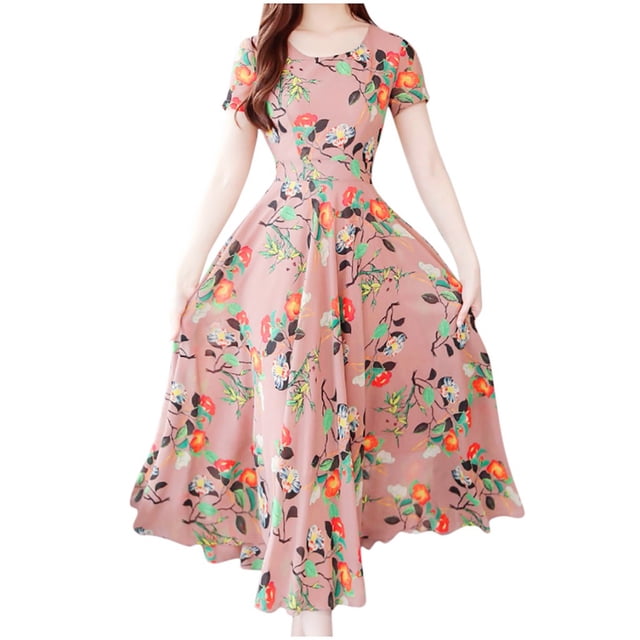 Hontri Robe Décontractée pour Femme Offres à Moins de 15 $, Mode Femme Été Mi-Mollet Manches Courtes Robe de Plage Imprimée Rose G