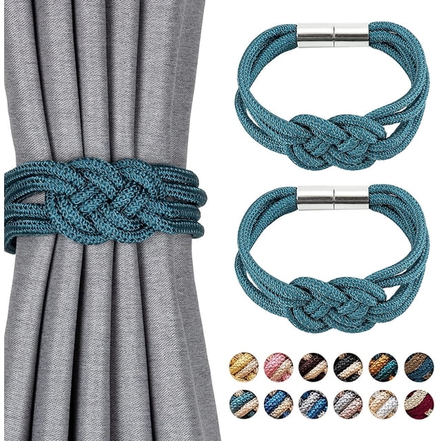 2 Pack Strong Magnetic Curtain Tiebacks in a Nordic simple style with a double-color weave rope knot design. The tiebacks are shown in a teal color, featuring a smooth polyester texture and nickel-plated magnets for secure hold. One tieback is displayed securing a grey curtain, while the other is shown separately. Additional color options are visible in a circular swatch layout at the bottom right.