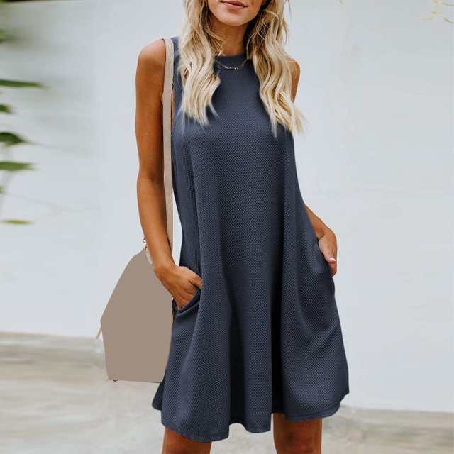 Robes d'Été Grande Taille pour Femmes 2024 Printemps et Col Suspendu Jupe Grand Dos Col Rond Sans Manches Robe Économisez jusqu'à 65 %!