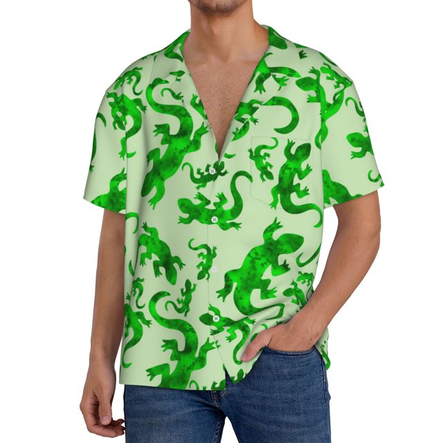 Balery Green Lizard Men's Casual Button Down Shirt Short Sleeve Textured Summer Cuban Beach Shirts-Medium