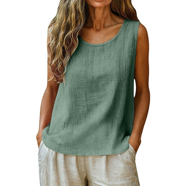 YAZHPA Hauts en Lin pour Femmes, Débardeurs en Coton et Lin pour Femmes Décontractés Sans Manches Chemises d'Été Col Rond Camisole, Vert 3TG