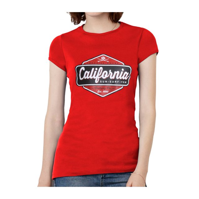 T-Shirt à Manches Courtes pour Femmes California Sun Surf Fun - Rouge - Grand