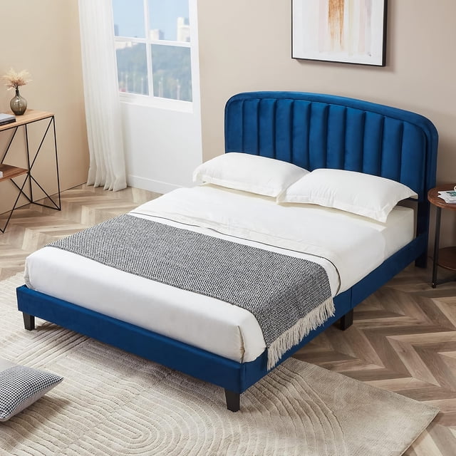 Intexca Full Size Velvet Bed Frame, Adjustable Headboard, Wood Slats (Blue)