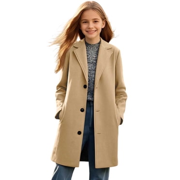 Yanlir Kids Long Coat with Lapel Collar and Button Front for Boys and Girls Long Sleeve Outerwear for Fall Winter Vacation Play Cycling Party Casual Coat(Beige#1,9 Years)