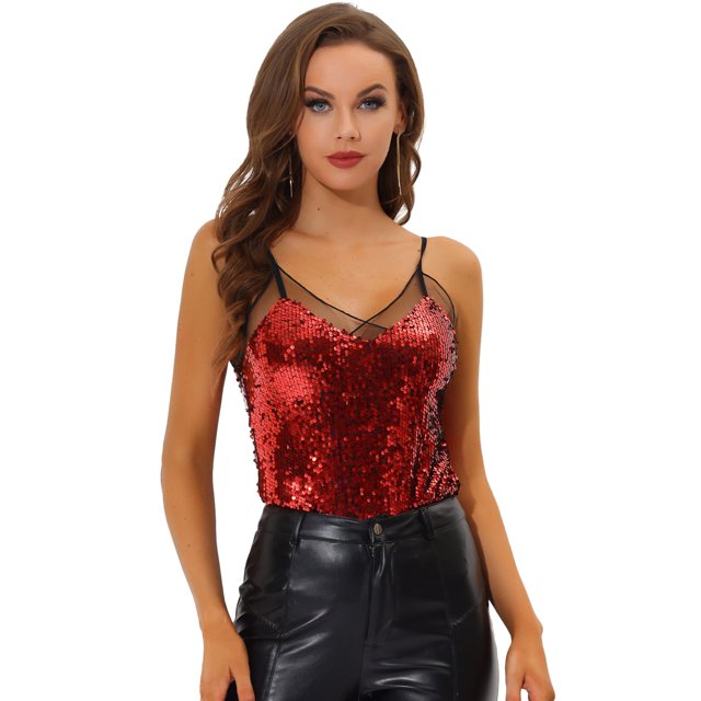 INSPIRE CHIC Blouse à Paillettes pour Femme Panneau en Maille Sans Manches Camisole de Soirée Indice Rouge TP
