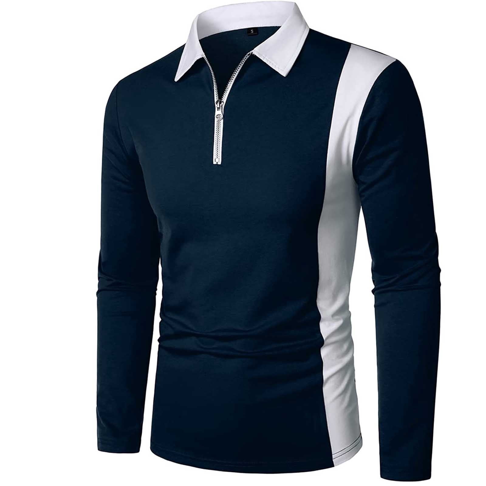 yievot Chemise à Col à Revers pour Homme à Manches Longues, Couture Bicolore, Mode, Fermeture Éclair, Manches Longues, Polo à Col Rabattu