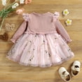 thumbnail image 3 of PatPat Baby Girl Pink Mesh Dress Set,Ribbed Long Sleeve Splicing Floral Appliques Princess Dress Pageant Party Birthday Wedding Flower Girl Dress,0-3T, 3 of 7